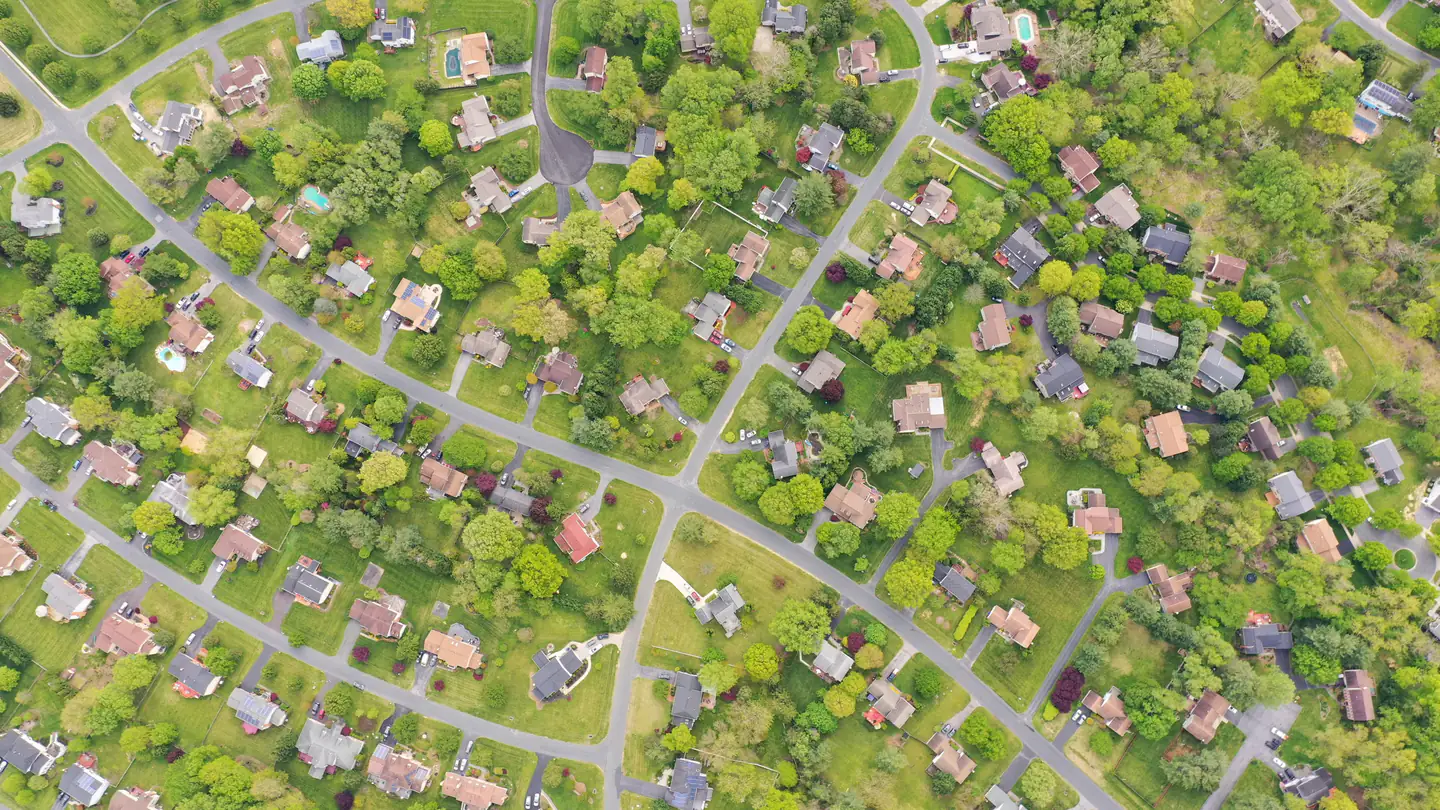 An overhead view of an established suburban neighborhood almost entirely under mature tree canopy.