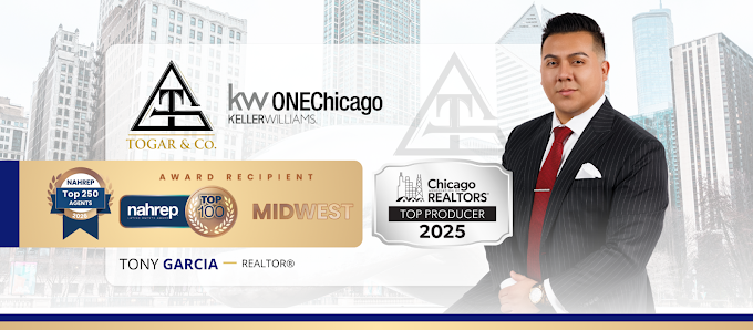 TOGAR & Co. brand banner showing the TOGAR & Co. and Keller Williams ONEChicago logos, an award band reading NAHREP Top 250 Agents, NAHREP Top 100 and Midwest, a Chicago REALTORS® Top Producer 2025 badge, and Tony Garcia, REALTOR®
